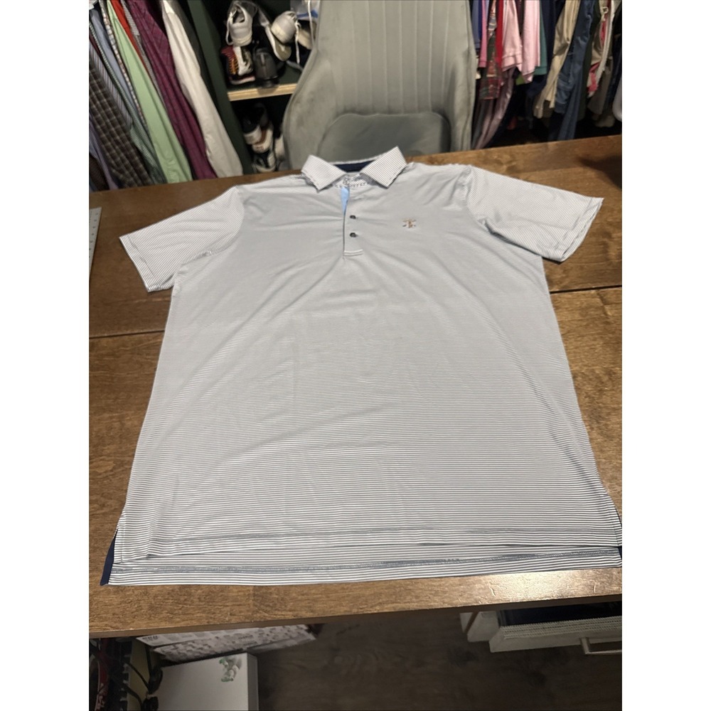 Greyson Golf Polo Shirt Mens XL Navy/White Striped Performance Stretch Casual